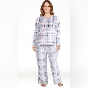 NWT Joyspun Plush Pajama Set 3X (22W-24W) Gray Pink Plaid 2 Piece Sleepwear